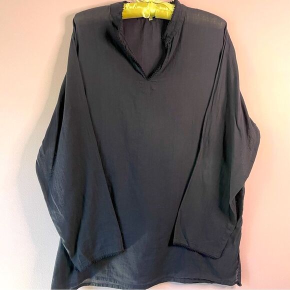 Tops - Karim Bouriad Navy Blue Long Sleeve Split Neck Lightweight Beachy Tunic Top 2X